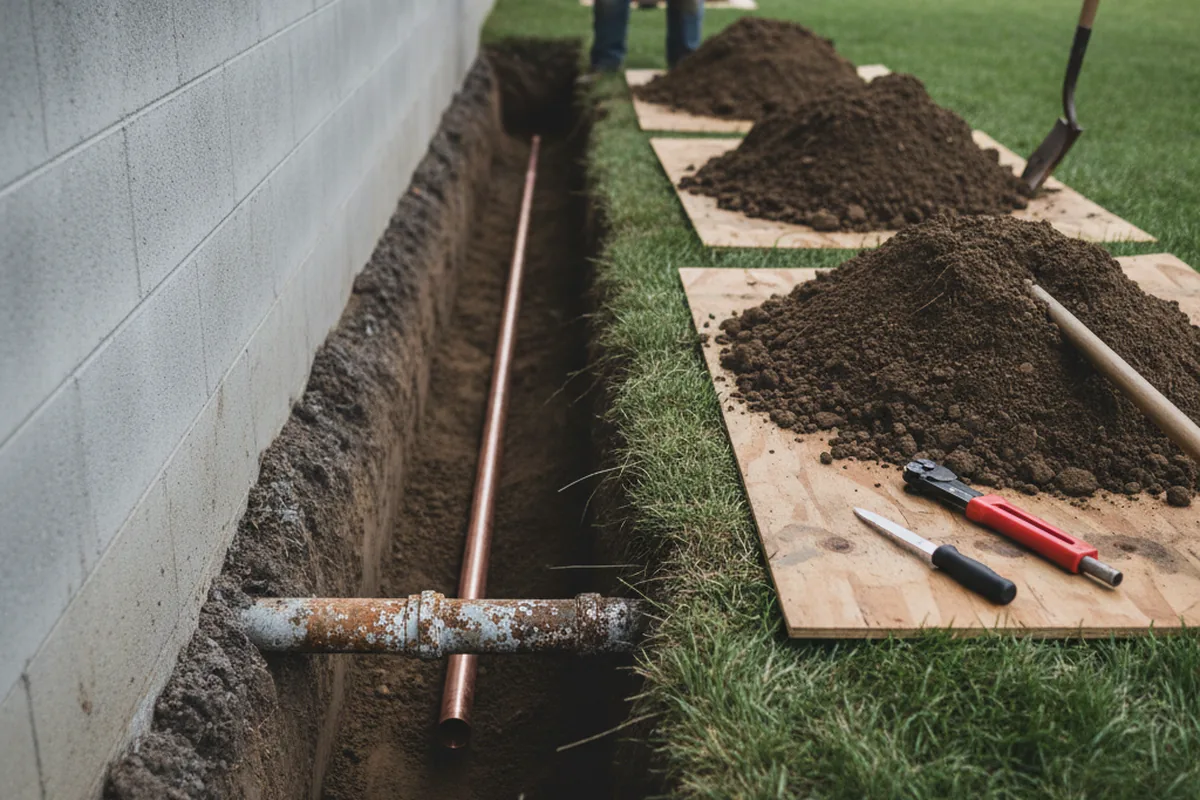 Excavated water line trench during Sewer Line Repair in Addis